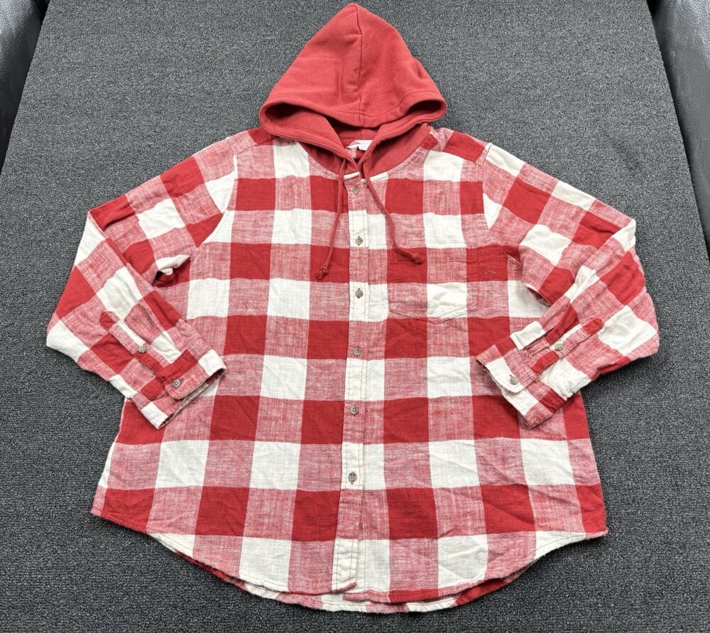 Time And Tru Hooded Button Up Flannel Shirt Women’s 3XL (22) Red & White Plaid
